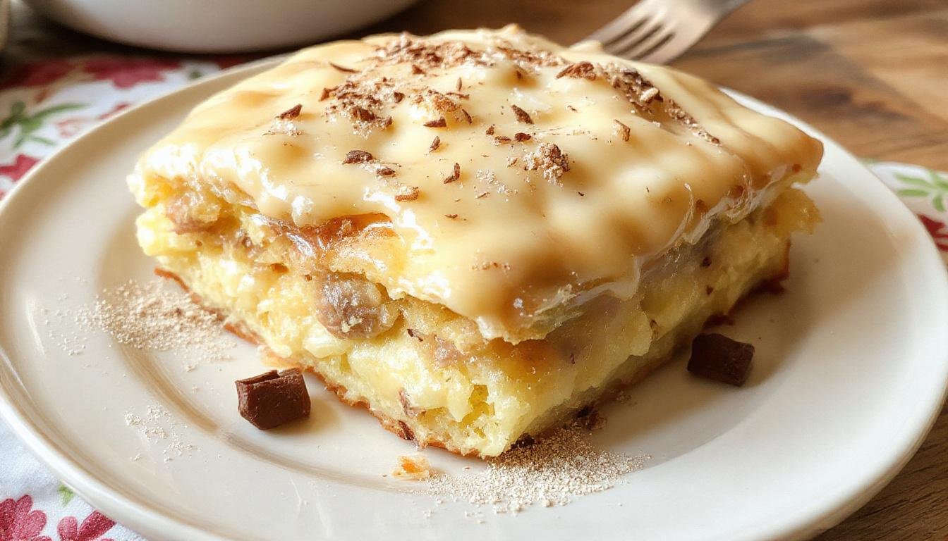 Uma fatia de doce filo com creme sobre um prato branco, exibindo camadas finas de massa folhada dourada e creme amarelo claro, decorada com pó de açúcar, ao lado de uma colher prateada e um fundo com tecido de linho branco.