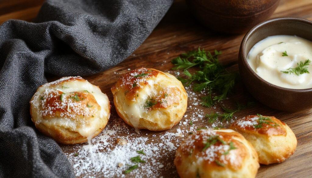 Imagem de um pão de queijo grego dourado, com textura crocante por fora e macia por dentro, disposto em uma tábua de madeira com um fundo claro, evidenciando sua superfície levemente enrugada e aparência apetitosamente macia.