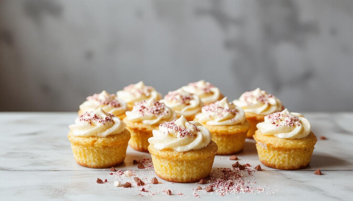 Close-up de queijadas de nata douradas e brilhantes sobre uma plateia de cerâmica branca, com textura macia de nata visível na crosta e superfícies uniformes, apresentadas elegantemente em um prato rústico de madeira, destacando a aparência cremosa e convidativa do doce tradicional português.