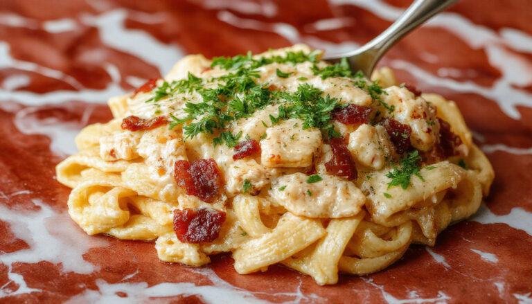 A close-up shot of a creamy chicken bacon ranch pasta dish served in a white bowl, topped with crispy bacon pieces, fresh herbs, and shredded cheese, with a rustic wooden background showcasing the rich textures and vibrant colors of the ingredients.