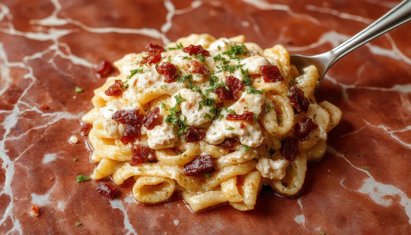 A vibrant plate of creamy chicken bacon ranch pasta featuring tender cooked pasta coated in a rich, creamy sauce with crispy bacon bits, grilled chicken slices, and fresh herbs, beautifully arranged on a white ceramic plate with a sprig of parsley on top, showcasing a glossy, indulgent texture and appetizing appeal.