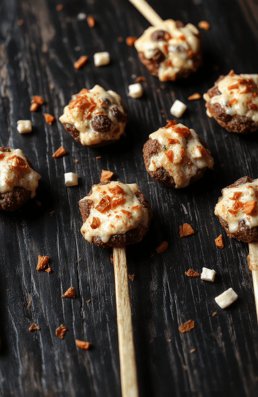 A colorful Halloween-themed snack spread featuring spooky pretzels, monster popcorn, and creepy cookies on a dark platter, with mini pumpkins and Halloween decorations in the background, vibrant orange, black, and green colors, glossy textures, and playful spooky presentation.
