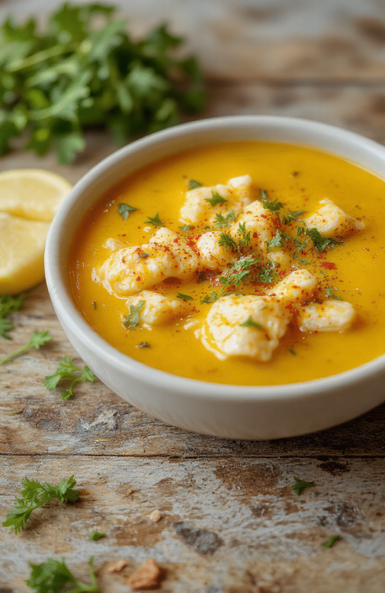A vibrant bowl of golden turmeric chicken soup topped with fresh herbs, chunks of tender chicken, and colorful vegetables, served on a rustic wooden table with a cozy background.
