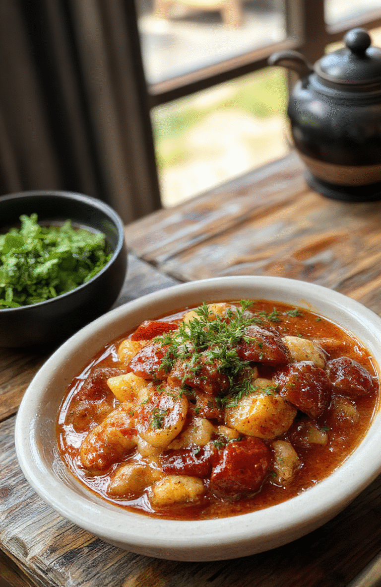 A rustic bowl of vibrant red German Goulash with chunks of tender beef and vegetables, garnished with fresh herbs, served on a wooden table with crusty bread on the side, showcasing rich textures and warm colors, styled for a cozy, inviting meal.