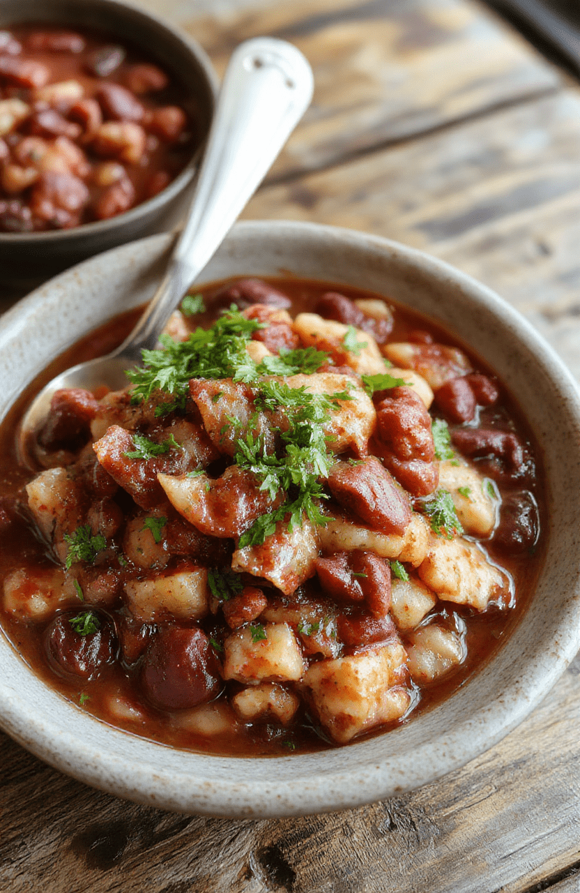 A vibrant plate of Louisiana red beans and rice featuring tender red beans, fluffy white rice, and savory chunks of sausage, garnished with green onions, served on a rustic wooden table with a colorful background emphasizing warm tones and hearty textures.