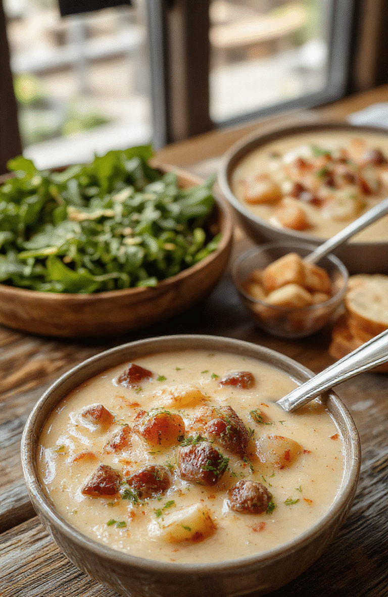 A creamy bowl of cheesy cheesesteak potato soup topped with melted cheese, oregano, and chopped green onions, served with crusty bread on a rustic wooden table, vibrant colors, textures of cheese, potatoes, and steak visible in the soup, styled for an inviting comfort food scene.