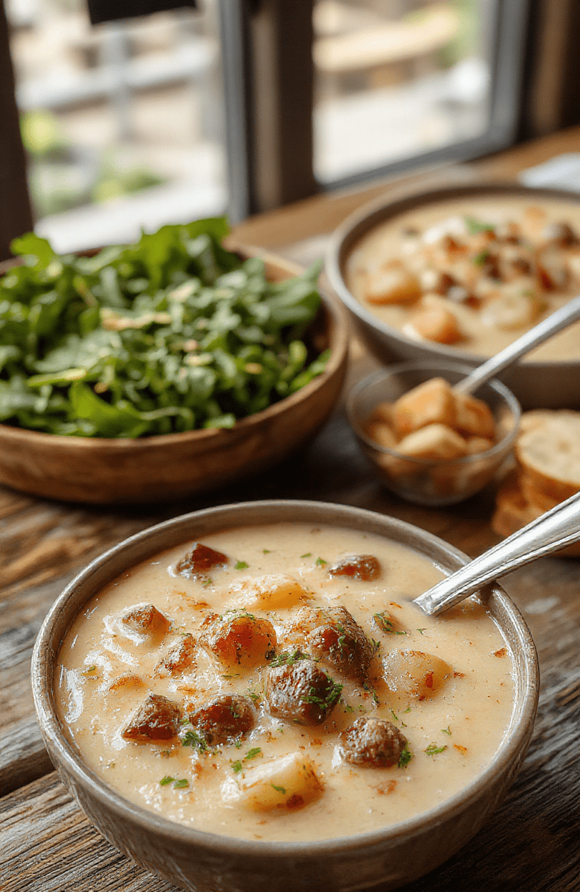 A creamy bowl of cheesy cheesesteak potato soup topped with melted cheese, oregano, and chopped green onions, served with crusty bread on a rustic wooden table, vibrant colors, textures of cheese, potatoes, and steak visible in the soup, styled for an inviting comfort food scene.