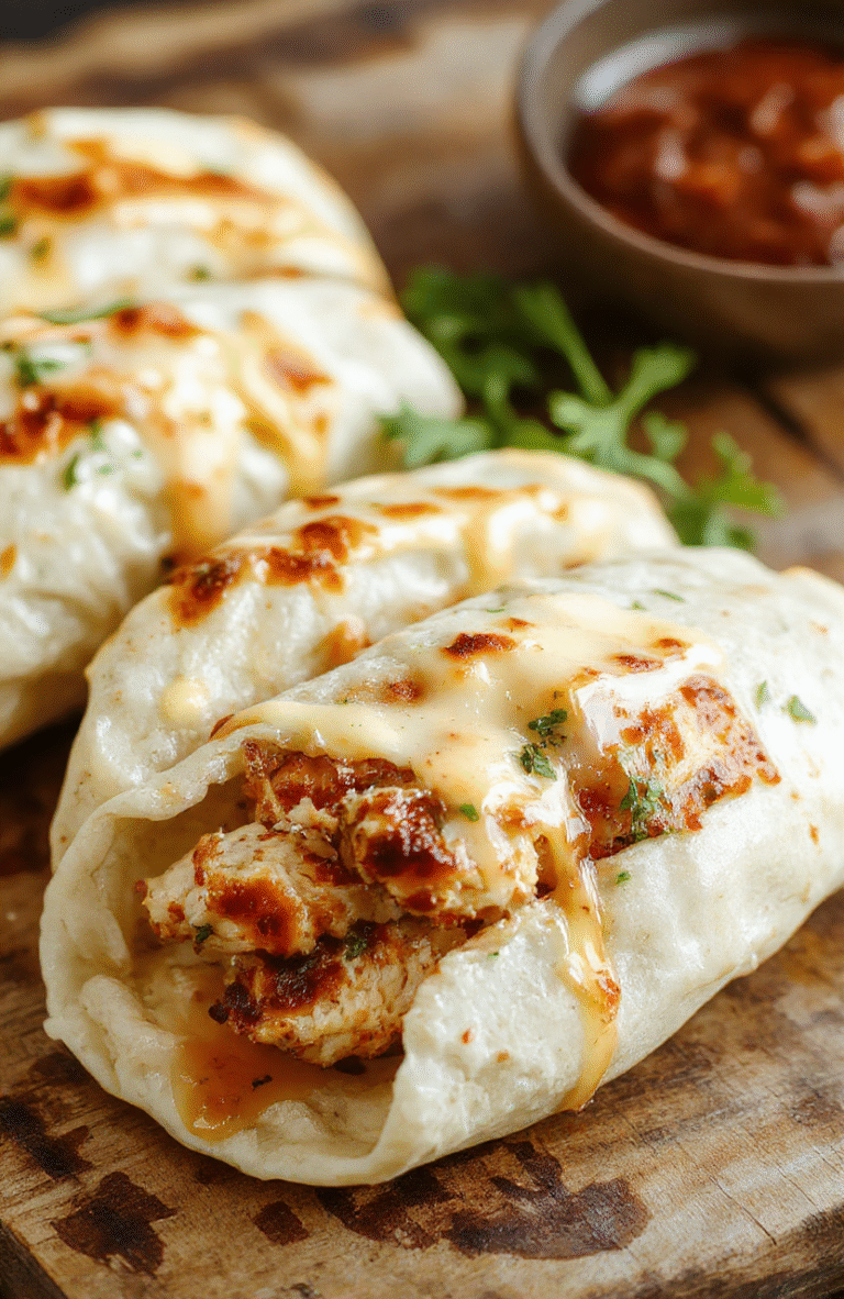 A close-up of cheesy garlic chicken wraps sliced in half, revealing golden crispy edges, gooey melted cheese, fresh chopped herbs, and tender chicken filling, plated on a rustic wooden surface with fresh garlic and herbs scattered nearby, styled casually with soft natural lighting.