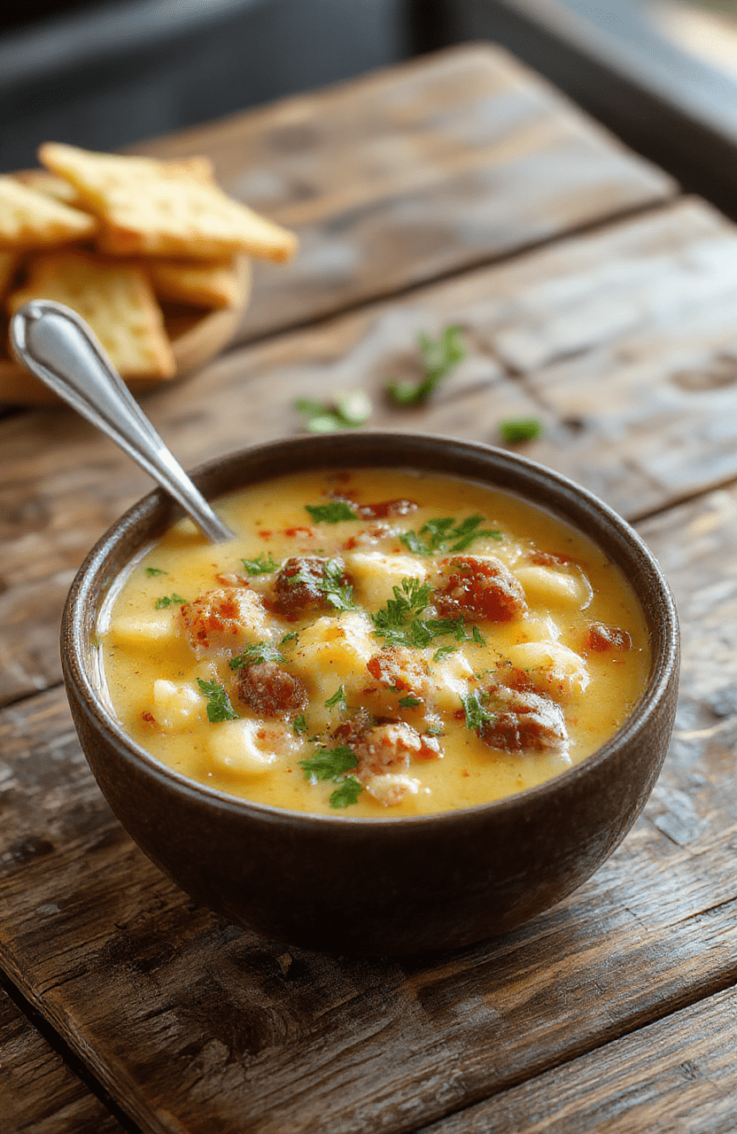 A vibrant bowl of cheeseburger macaroni soup topped with melted cheese, chopped green onions, and crispy bacon bits, styled with a rustic wooden background, showcasing creamy broth filled with diced burgers, tender macaroni, and colorful vegetables, garnished with fresh herbs for a cozy presentation.