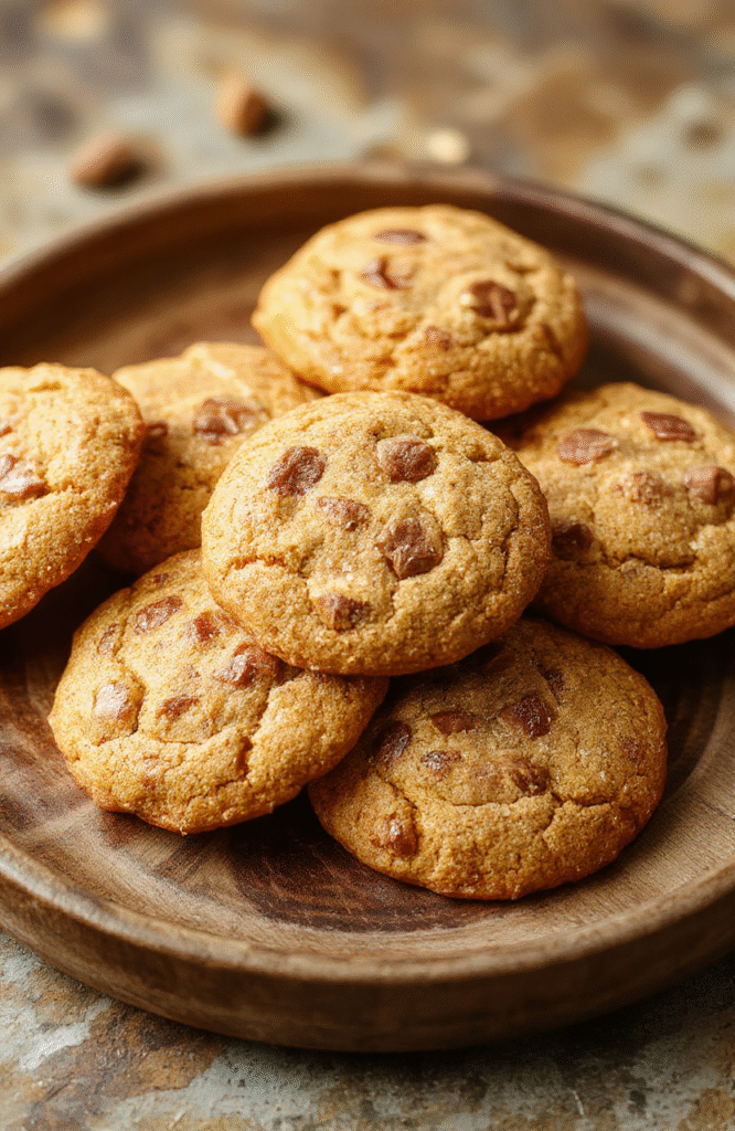 A close-up of golden-brown pumpkin snickerdoodles topped with cinnamon sugar, showcasing a soft chewy center and crispy edges, arranged on a rustic wooden platter with fall leaves in the background.