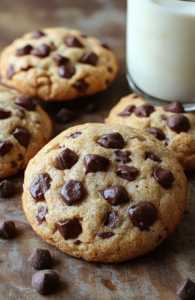 A close-up of golden brown chewy chocolate chip cookies with melty chocolate chips on a rustic wooden table, lightly dusted with sea salt, styled with a few chocolate chunks and crumbs for a cozy, inviting look.