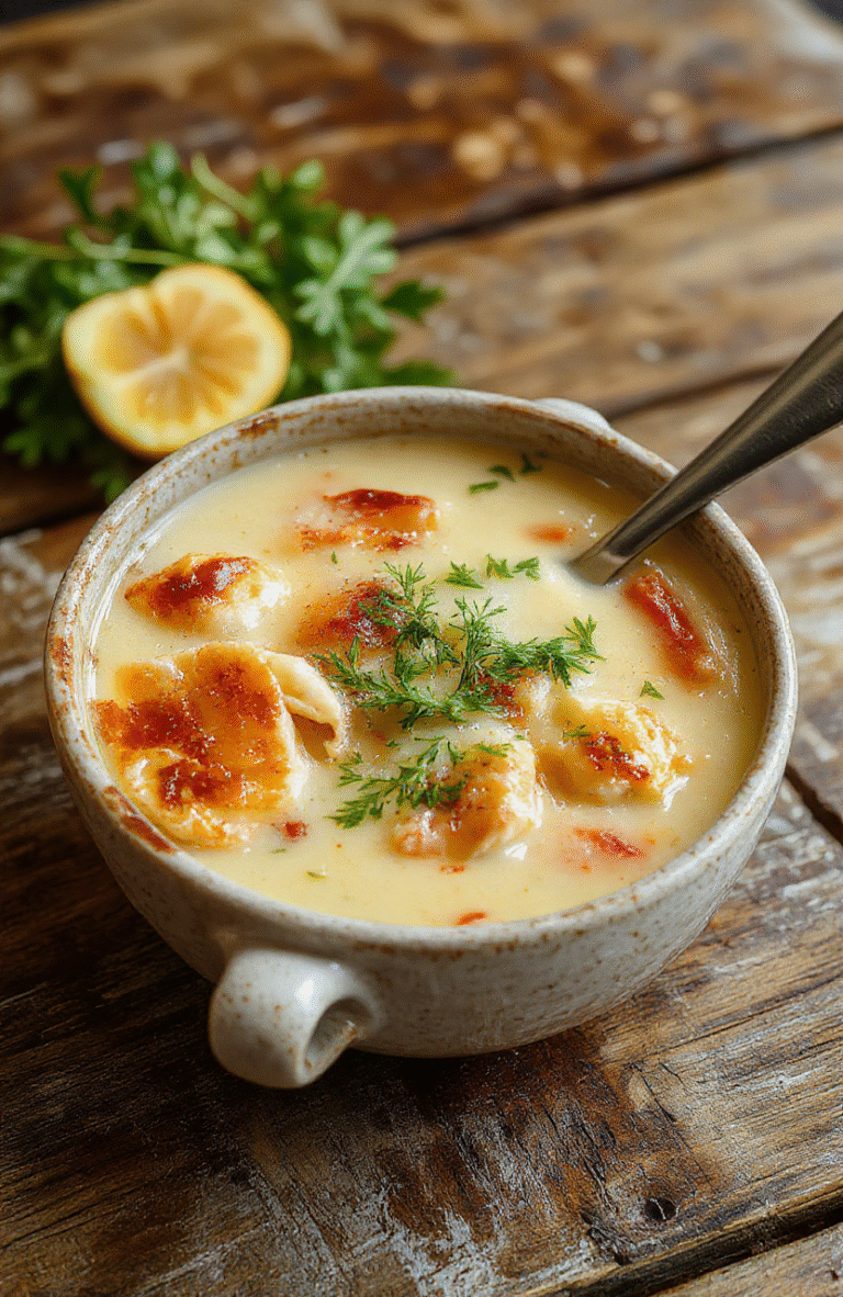 A warm bowl of chicken pot pie soup with golden crust crumbles on top, surrounded by fresh ingredients like carrots, celery, and shredded chicken, presented on a rustic wooden table with a cozy, inviting atmosphere.