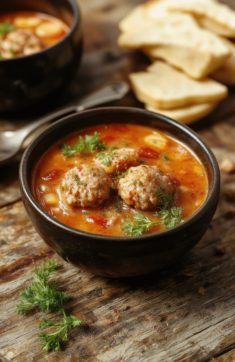 A vibrant bowl of Italian meatball soup featuring tender meatballs immersed in rich tomato broth, garnished with fresh herbs and grated cheese, surrounded by warm rustic bread on a white plate with a cozy kitchen background.