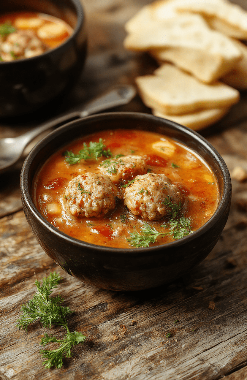 A vibrant bowl of Italian meatball soup featuring tender meatballs immersed in rich tomato broth, garnished with fresh herbs and grated cheese, surrounded by warm rustic bread on a white plate with a cozy kitchen background.