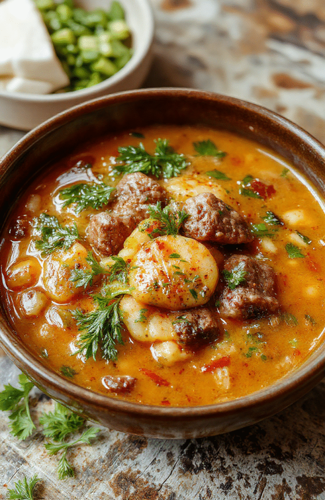 A rustic white bowl filled with colorful vegetable beef soup, featuring tender chunks of beef, vibrant carrots, potatoes, celery, and green beans, topped with fresh herbs, set on a wooden table with warm natural daylight casting soft shadows.