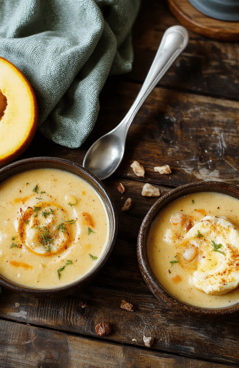 A warm bowl of creamy butternut squash, kale, and white bean soup garnished with fresh herbs, served on a rustic wooden table with a spoon and a slice of toasted bread in the background.