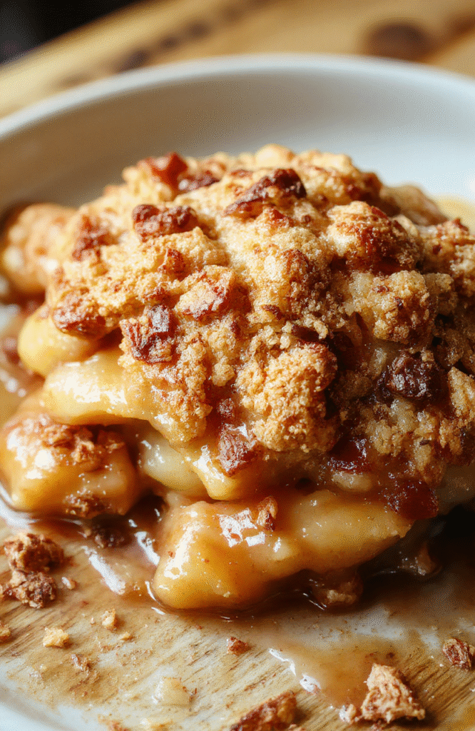 A golden-brown apple crisp served in a rustic white ramekin, topped with a crispy oat crumble and a scoop of vanilla ice cream melting slightly, surrounded by fresh apple slices, cinnamon sticks, and autumn leaves, styled on a wooden table with soft natural daylight.