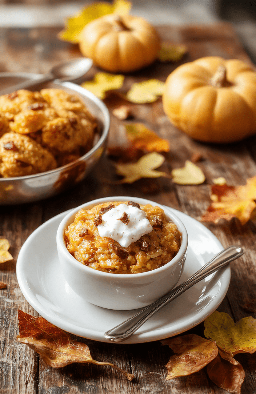 A warm bowl of pumpkin baked oatmeal topped with a swirl of whipped cream and a sprinkle of cinnamon, set on a wooden table with autumn leaves in the background, showcasing a cozy and inviting scene with textured oats and vibrant orange pumpkin.
