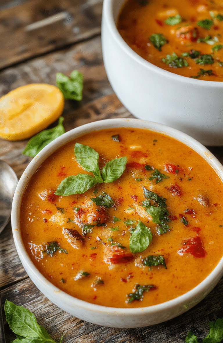 A vibrant bowl of roasted tomato basil soup garnished with fresh basil leaves, accompanied by a crusty bread slice on a rustic wooden table, with a creamy textured broth, bright red and green colors, styled simply for an inviting, homemade look.
