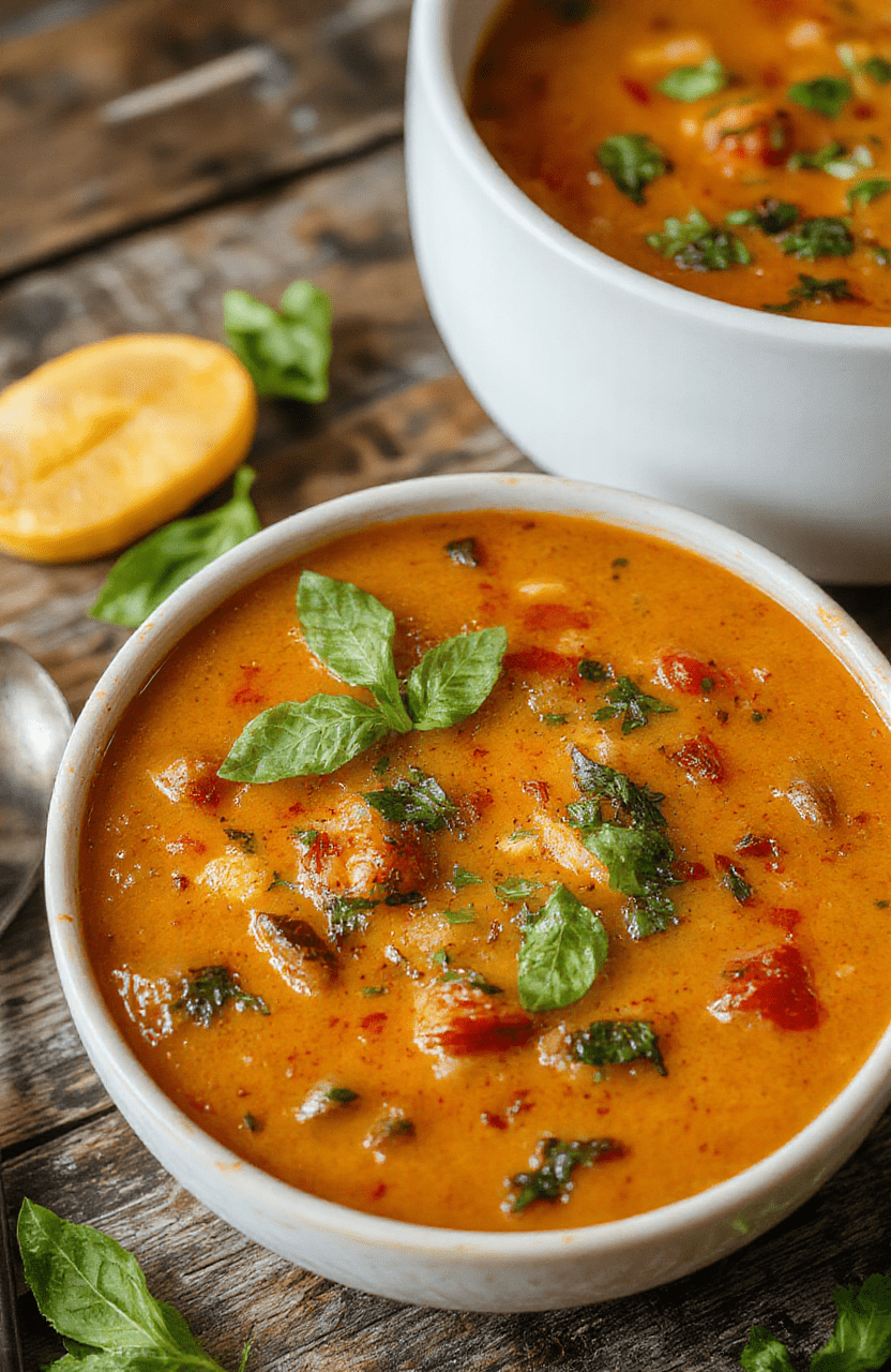 A vibrant bowl of roasted tomato basil soup garnished with fresh basil leaves, accompanied by a crusty bread slice on a rustic wooden table, with a creamy textured broth, bright red and green colors, styled simply for an inviting, homemade look.