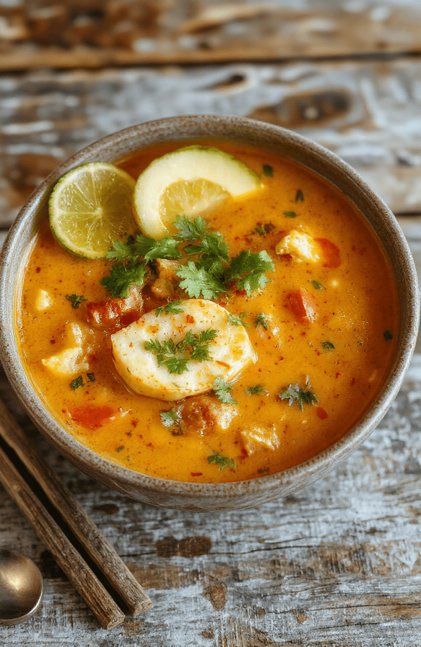 A vibrant bowl of Thai Red Curry Noodle Soup, topped with fresh basil, lime wedges, and chopped red chilies. The soup is rich orange-red with tender noodles, colorful vegetables, and a creamy broth, styled with a simple white ceramic bowl on a rustic wooden table, surrounded by fresh herbs and ingredients.