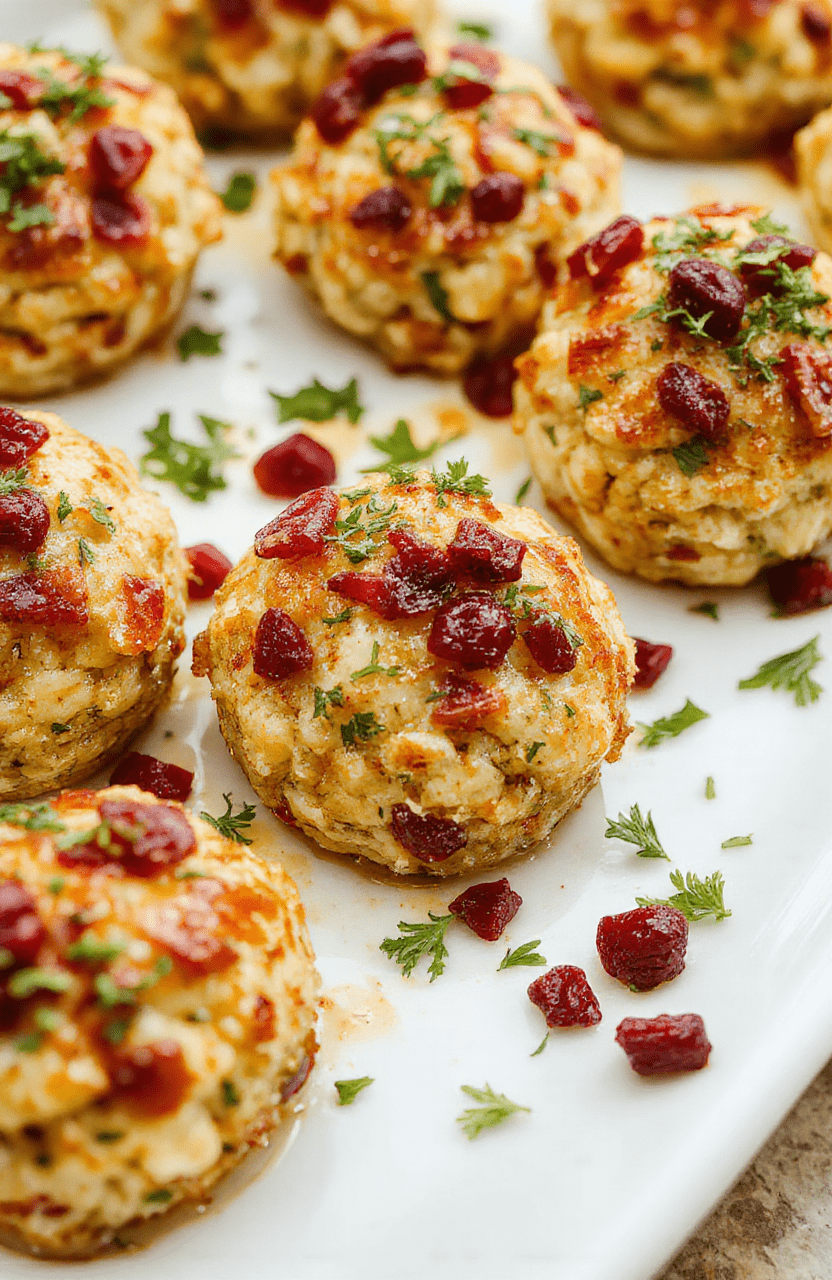 A close-up of golden-brown cranberry turkey stuffing balls arranged on a white platter, garnished with fresh herbs and a drizzle of cranberry glaze, with a blurred holiday table setting in the background.