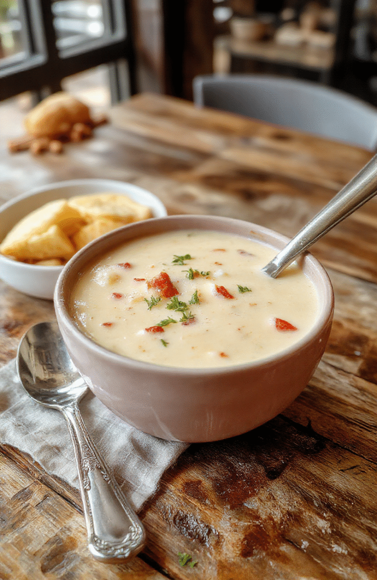 A bowl of creamy cheeseburger soup topped with melted cheese, chopped pickles, and bacon bits, with a rustic spoon resting on a wooden table, vibrant colors, rich textures, inviting presentation.