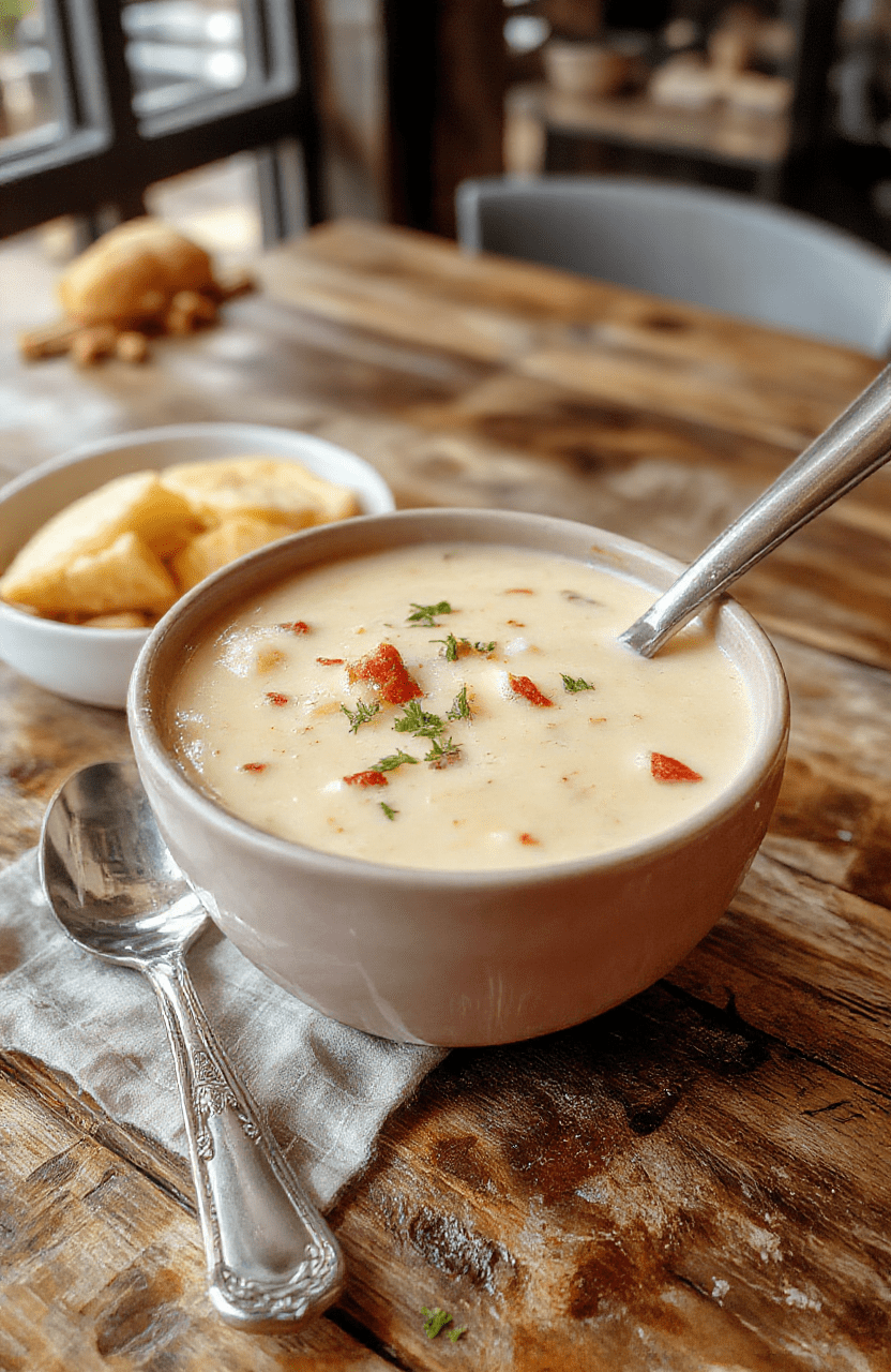 A bowl of creamy cheeseburger soup topped with melted cheese, chopped pickles, and bacon bits, with a rustic spoon resting on a wooden table, vibrant colors, rich textures, inviting presentation.