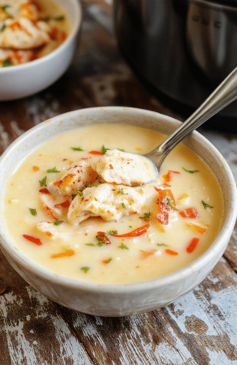 A steaming bowl of creamy, cheesy crack chicken soup topped with shredded cheese and fresh herbs, served in a rustic white bowl on a wooden table, with a backdrop of herbs and cooking ingredients, highlighting rich textures and inviting warmth.