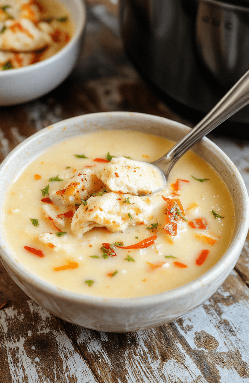 A steaming bowl of creamy, cheesy crack chicken soup topped with shredded cheese and fresh herbs, served in a rustic white bowl on a wooden table, with a backdrop of herbs and cooking ingredients, highlighting rich textures and inviting warmth.