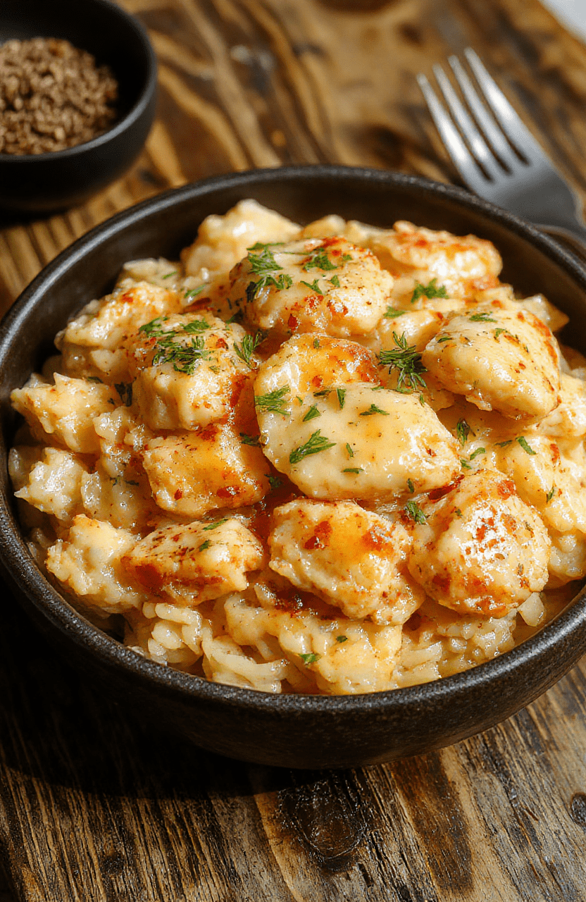 A close-up of a creamy chicken and rice dish in a rustic bowl, garnished with fresh herbs, textured rice and tender chicken pieces, styled on a wooden surface with natural lighting, showcasing a rich, inviting color palette and a cozy presentation.