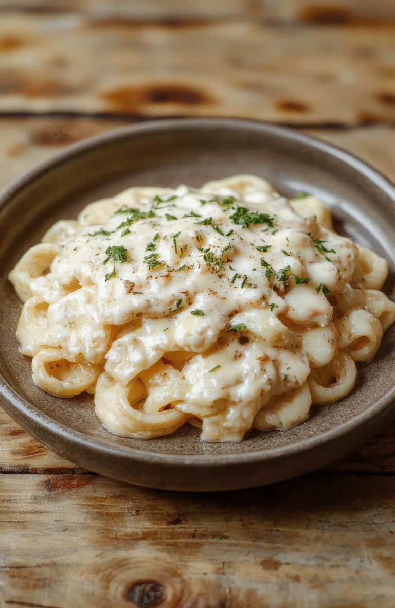 A close-up of a creamy fettuccine Alfredo dish on a rustic wooden table, topped with grated Parmesan cheese and chopped parsley, with a rich, glossy sauce coating each strand of pasta, styled simply for a cozy, inviting presentation.