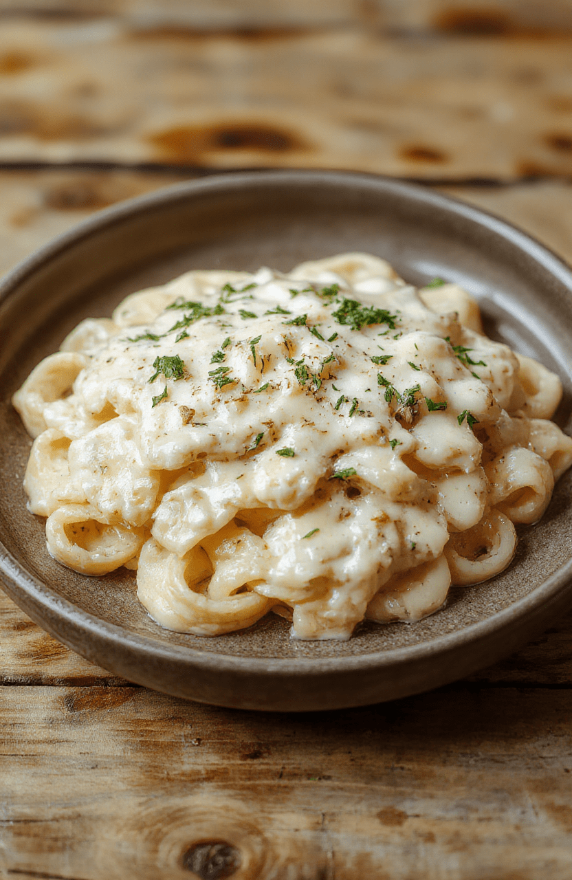 A close-up of a creamy fettuccine Alfredo dish on a rustic wooden table, topped with grated Parmesan cheese and chopped parsley, with a rich, glossy sauce coating each strand of pasta, styled simply for a cozy, inviting presentation.