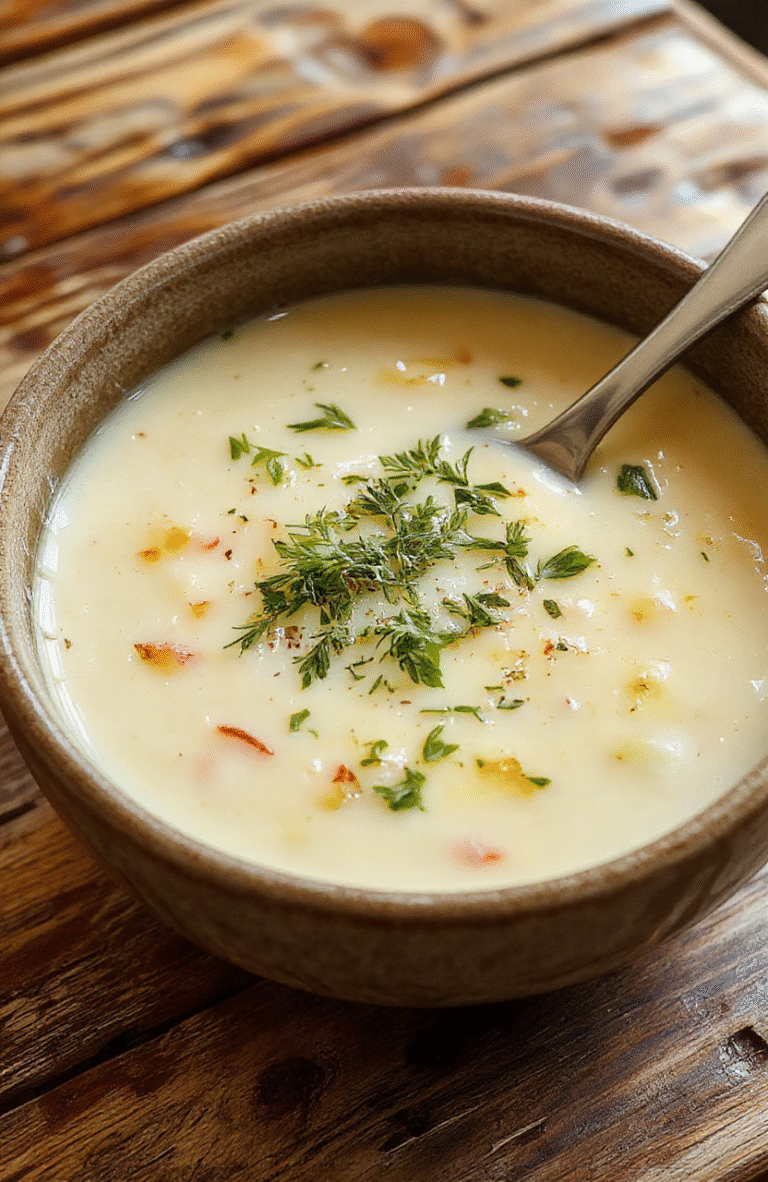 A vibrant bowl of creamy garlic velouté on a rustic wooden table, topped with fresh herbs, golden croutons and a drizzle of cream, steam gently rising, styled with a spoon and napkin for inviting presentation.