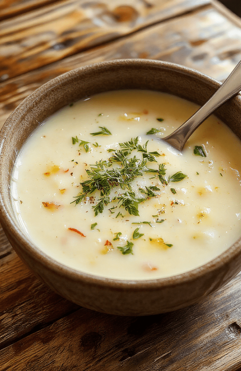 A vibrant bowl of creamy garlic velouté on a rustic wooden table, topped with fresh herbs, golden croutons and a drizzle of cream, steam gently rising, styled with a spoon and napkin for inviting presentation.