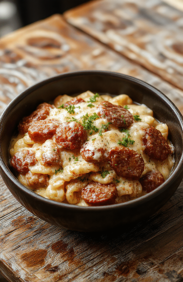 A vibrant plate of creamy Italian sausage orzo featuring golden-brown sausage slices atop tender orzo pasta, garnished with fresh herbs and a sprinkle of grated cheese, styled on a rustic wooden table with a soft, natural daylight ambiance.