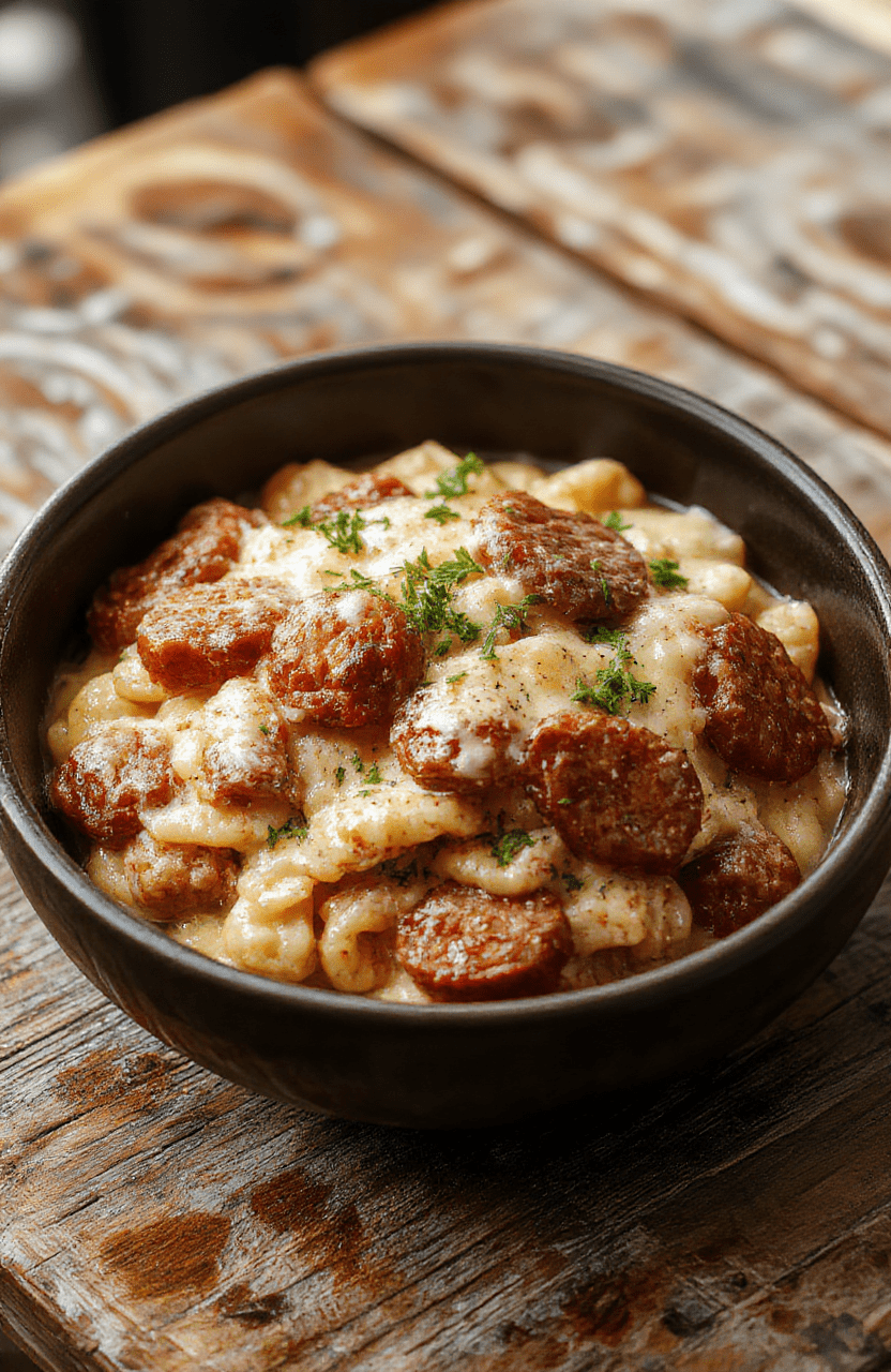 A vibrant plate of creamy Italian sausage orzo featuring golden-brown sausage slices atop tender orzo pasta, garnished with fresh herbs and a sprinkle of grated cheese, styled on a rustic wooden table with a soft, natural daylight ambiance.