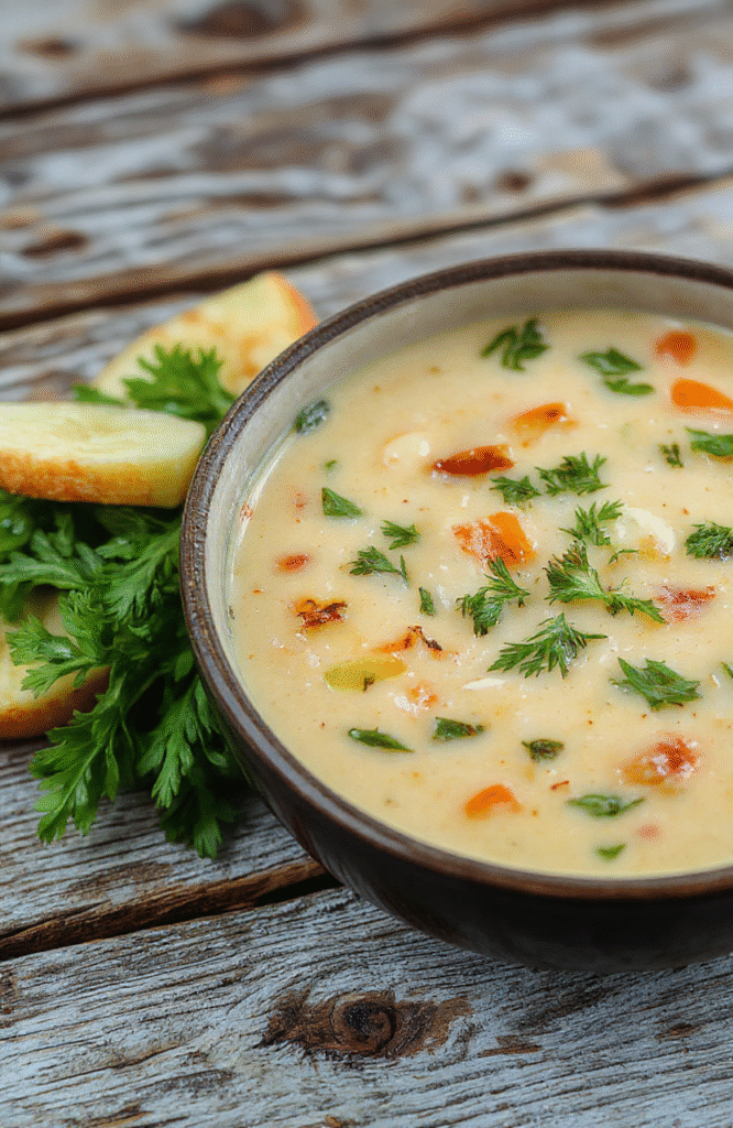 A vibrant bowl of creamy vegetable soup with orange carrots, green broccoli, and purple potatoes, garnished with herbs on a rustic wooden table, styled simply with a beige linen napkin, natural daylight highlighting the textures and colors.