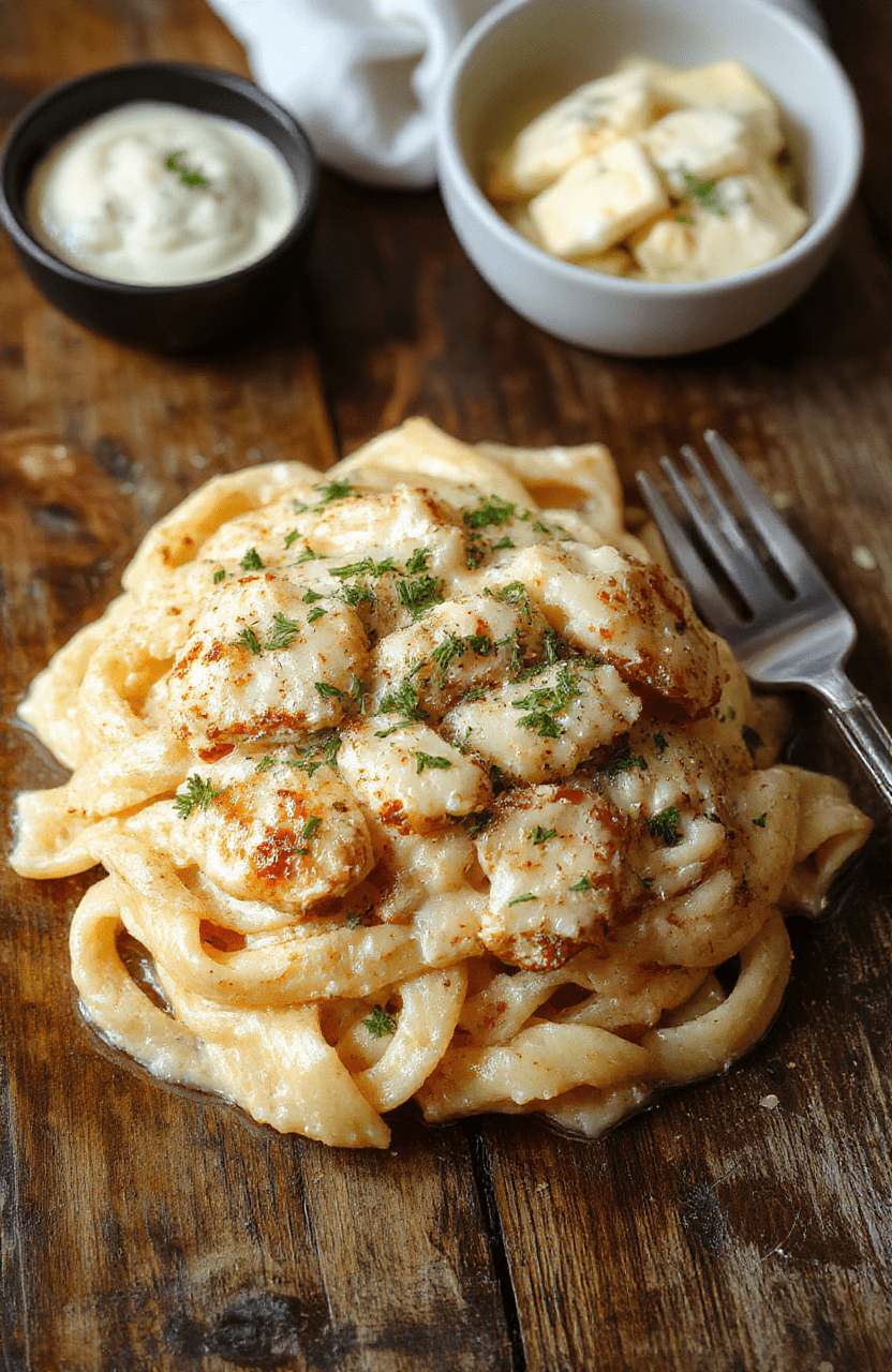 A vibrant plate of creamy parmesan chicken pasta with golden-brown chicken pieces, melted cheese, and fresh herbs, served atop a bed of al dente pasta on a rustic wooden table with a soft natural light highlighting the textures and colors.