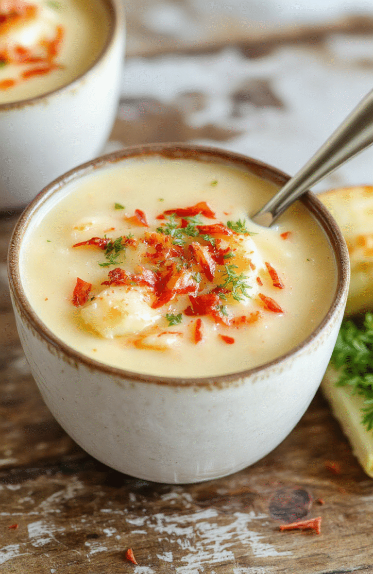 A warm bowl of creamy potato soup topped with fresh chives and a dollop of sour cream, served on a rustic wooden table with a spoon nearby, steam rising gently, showcasing the rich textures and inviting golden color of the soup.