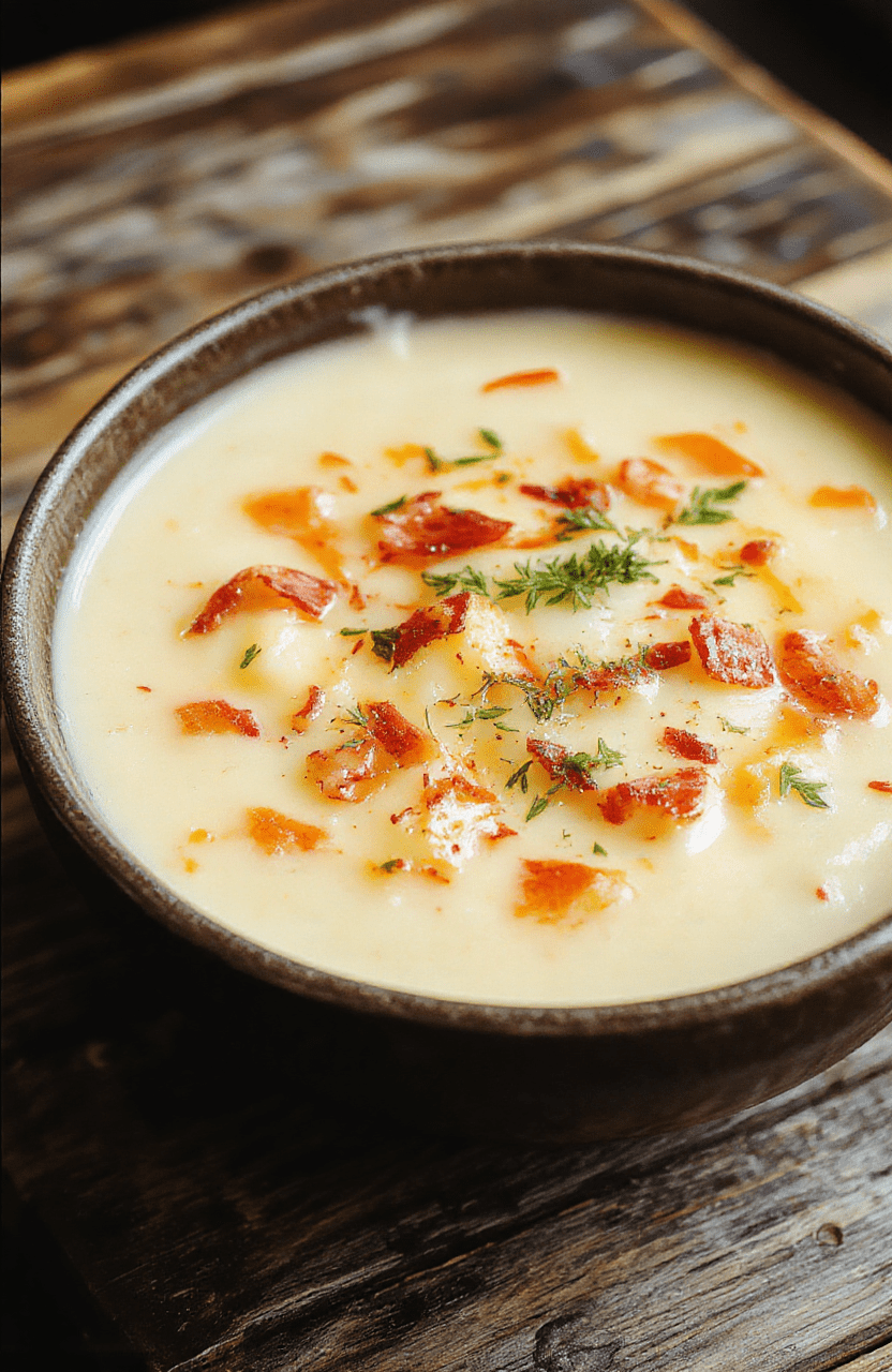 A warm bowl of creamy potato soup topped with chopped chives and a dollop of sour cream, served in a rustic bowl on a wooden table with a soft-focus background, dish steam rising, showcasing smooth texture and inviting presentation.