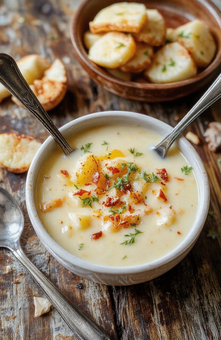 A vibrant bowl of creamy roasted garlic potato soup garnished with fresh herbs on a rustic wooden table, steam rising, golden and creamy texture visible, crispy garlic flecks on top, inviting and warm aesthetic.