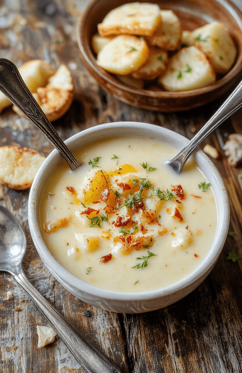 A vibrant bowl of creamy roasted garlic potato soup garnished with fresh herbs on a rustic wooden table, steam rising, golden and creamy texture visible, crispy garlic flecks on top, inviting and warm aesthetic.