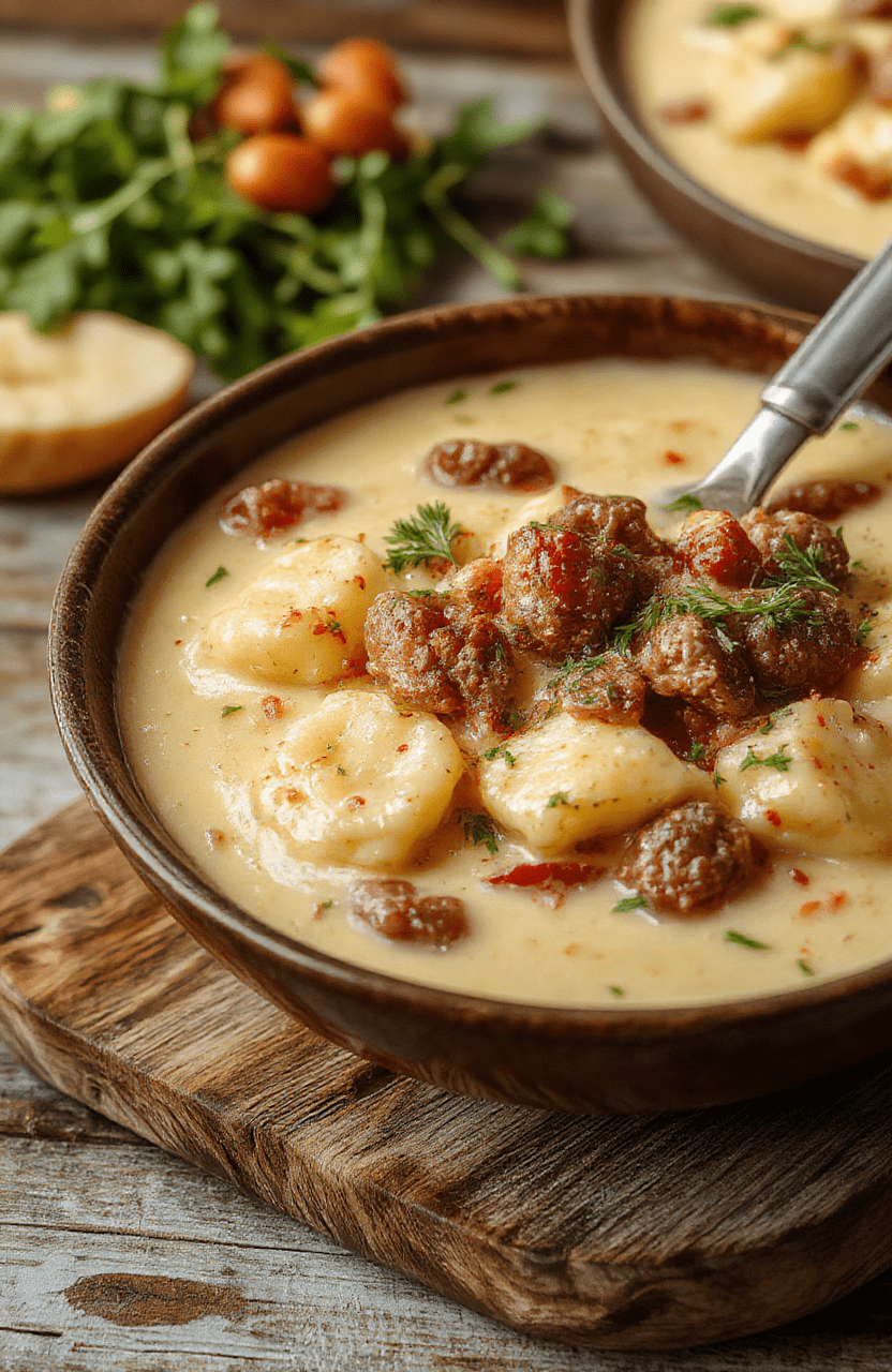 A vibrant bowl of sausage and tortellini soup showcasing colorful ingredients, topped with herbs, with a spoon resting beside on a rustic wooden table, warm and inviting.