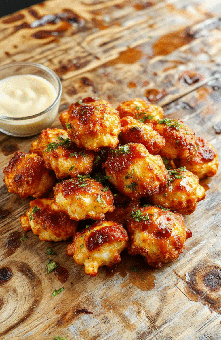 A vibrant plate of crispy buffalo cauliflower bites with a golden-brown coating, drizzled with buffalo sauce, garnished with fresh parsley, on a rustic wooden table with a creamy dip on the side.