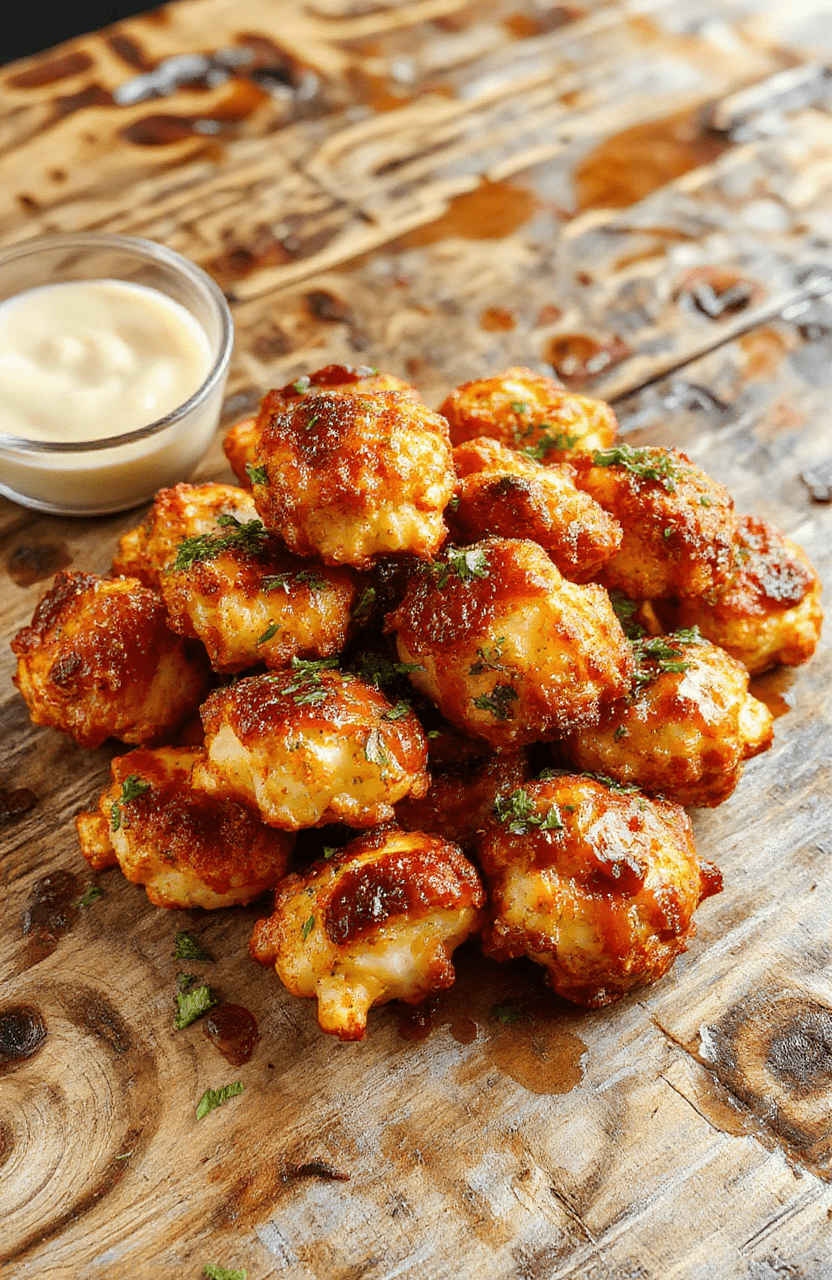 A vibrant plate of crispy buffalo cauliflower bites with a golden-brown coating, drizzled with buffalo sauce, garnished with fresh parsley, on a rustic wooden table with a creamy dip on the side.