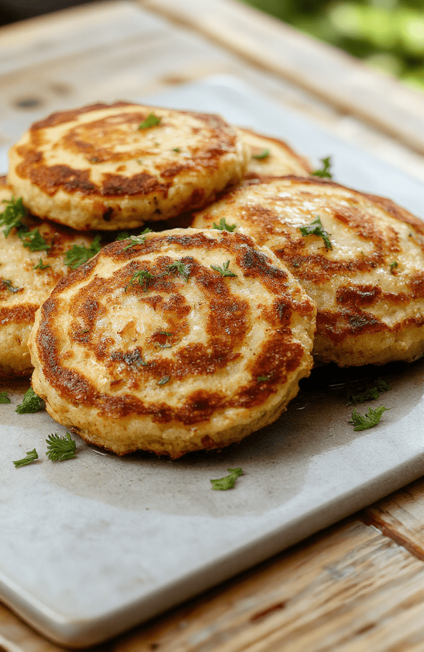 Golden brown crispy German potato pancakes stacked on a white plate, garnished with fresh herbs and a dollop of sour cream, with a rustic wooden background and natural daylight highlighting their crunchy texture.