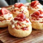 Vibrant red strawberries and smooth creamy filling piped into golden, flaky pastry shells, garnished with fresh mint leaves on a rustic wooden platter with soft natural lighting