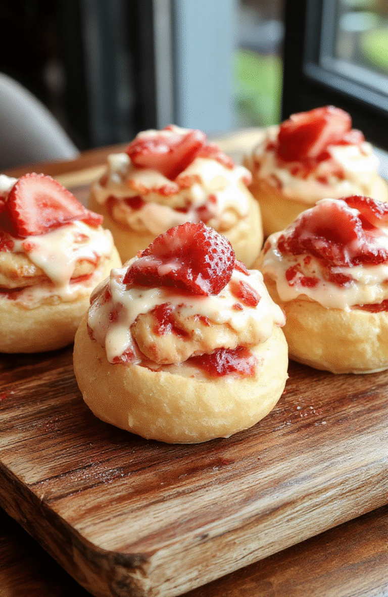 Vibrant red strawberries and smooth creamy filling piped into golden, flaky pastry shells, garnished with fresh mint leaves on a rustic wooden platter with soft natural lighting