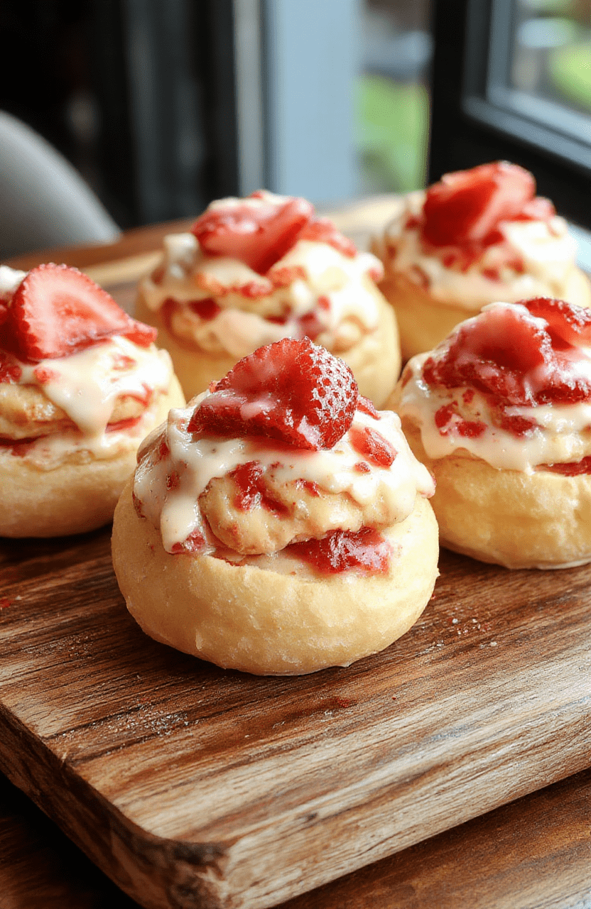 Vibrant red strawberries and smooth creamy filling piped into golden, flaky pastry shells, garnished with fresh mint leaves on a rustic wooden platter with soft natural lighting